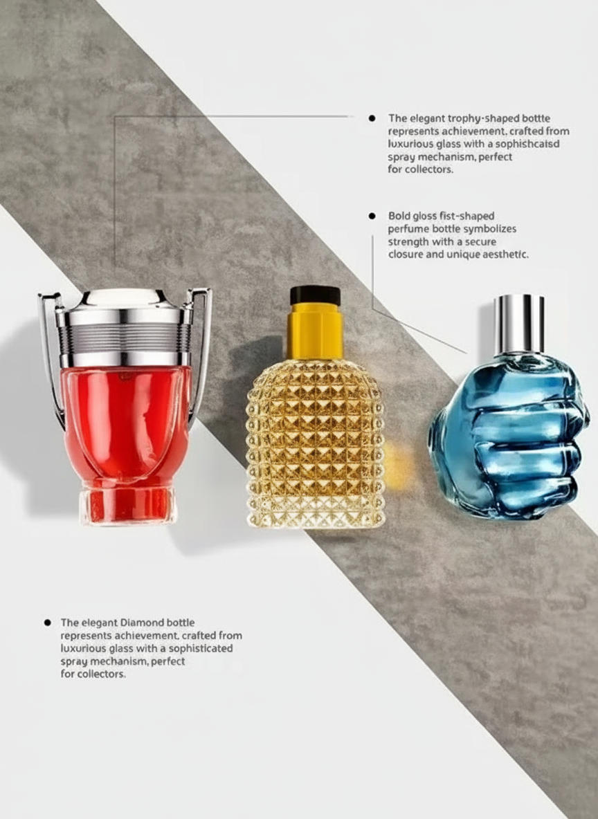 Unique gift set perfume for men and women featuring trophy-shaped bottles in red, yellow, and blue