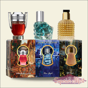 Gift set perfume for men and women featuring four distinct fragrances in decorative bottles