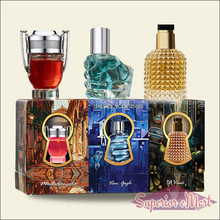 Gift set perfume for men and women featuring four distinct fragrances in decorative bottles