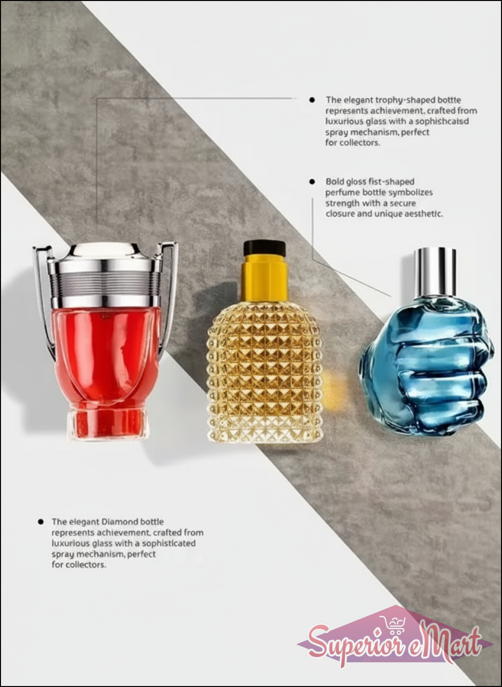 Unique gift set perfume for men and women featuring trophy-shaped bottles in red, yellow, and blue