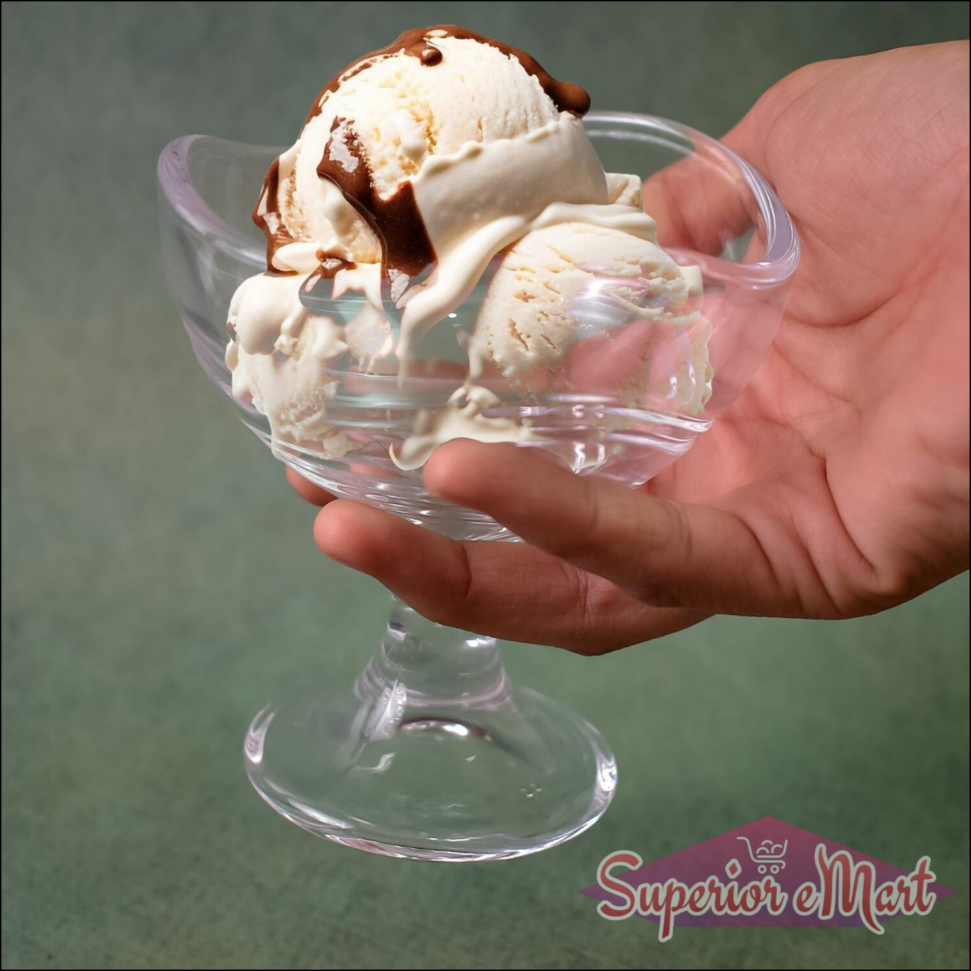 Stylish glass footed dessert bowl set showcasing ice cream with chocolate drizzle