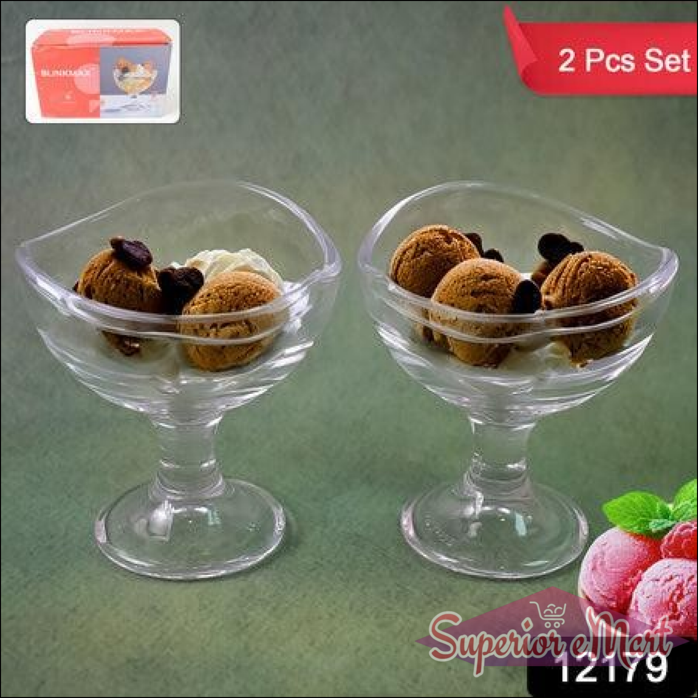 Glass footed dessert bowl set featuring two bowls filled with ice cream and toppings