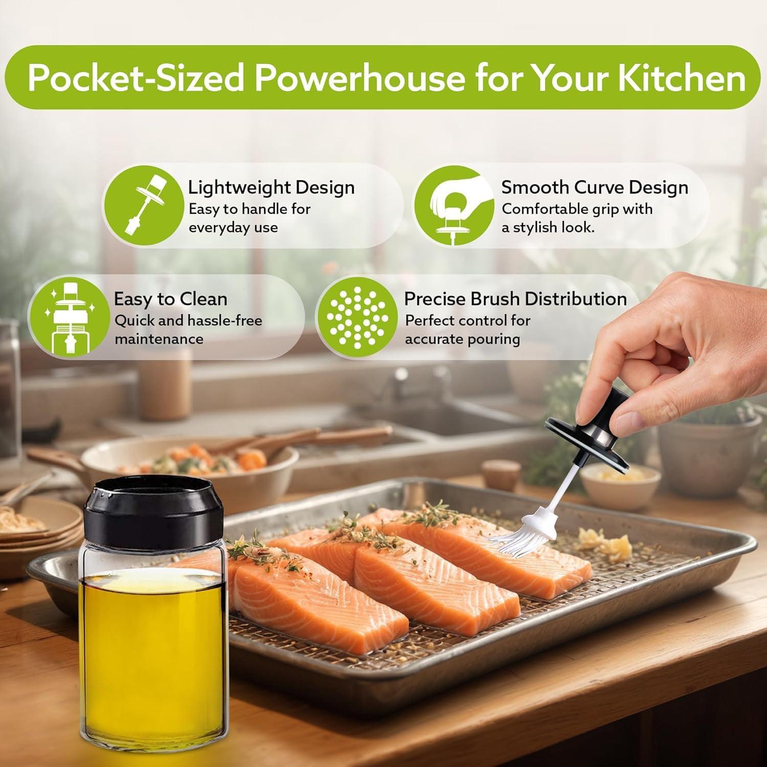 Glass oil dispenser with brush for precise oil application and effortless cooking in the kitchen