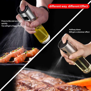 Innovative glass oil sprayer for cooking demonstrating versatile spraying effects on food