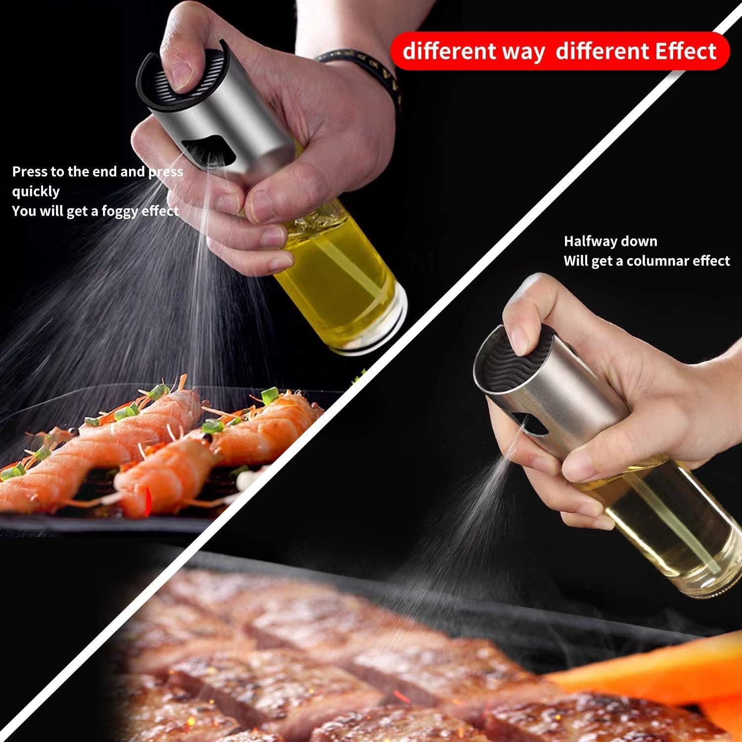 Innovative glass oil sprayer for cooking demonstrating versatile spraying effects on food