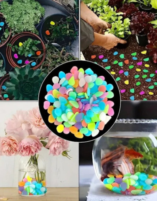 Colorful glow in the dark garden pebbles used in plant pots, garden soil, flower vases, and fish tanks