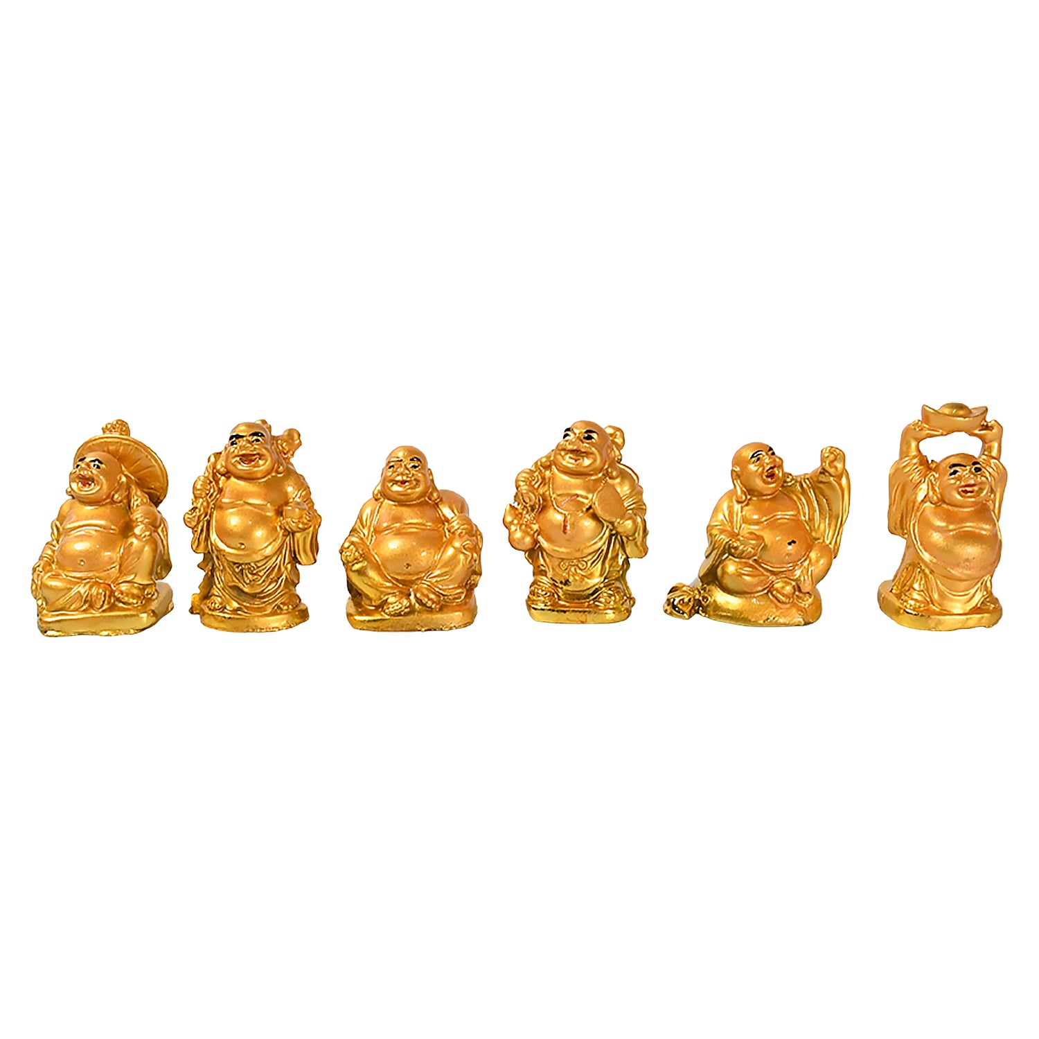 Set of Golden Laughing Buddha statues in various poses for home decor and good fortune