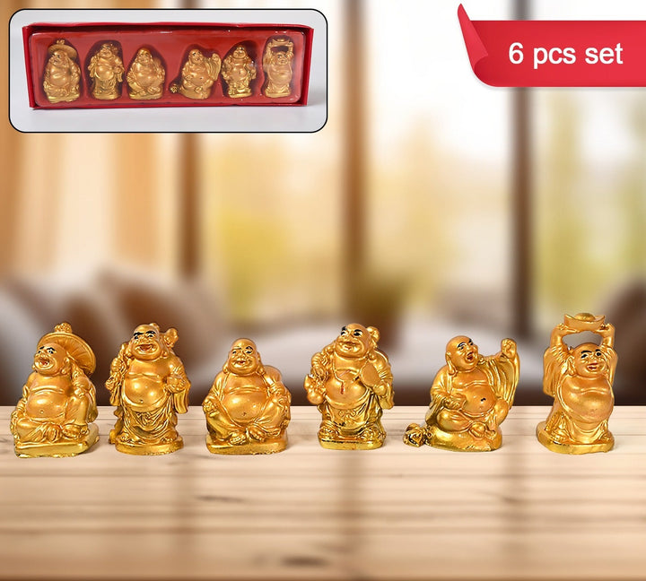 Set of 6 Golden Laughing Buddha statues for home decor, each symbolizing prosperity and happiness