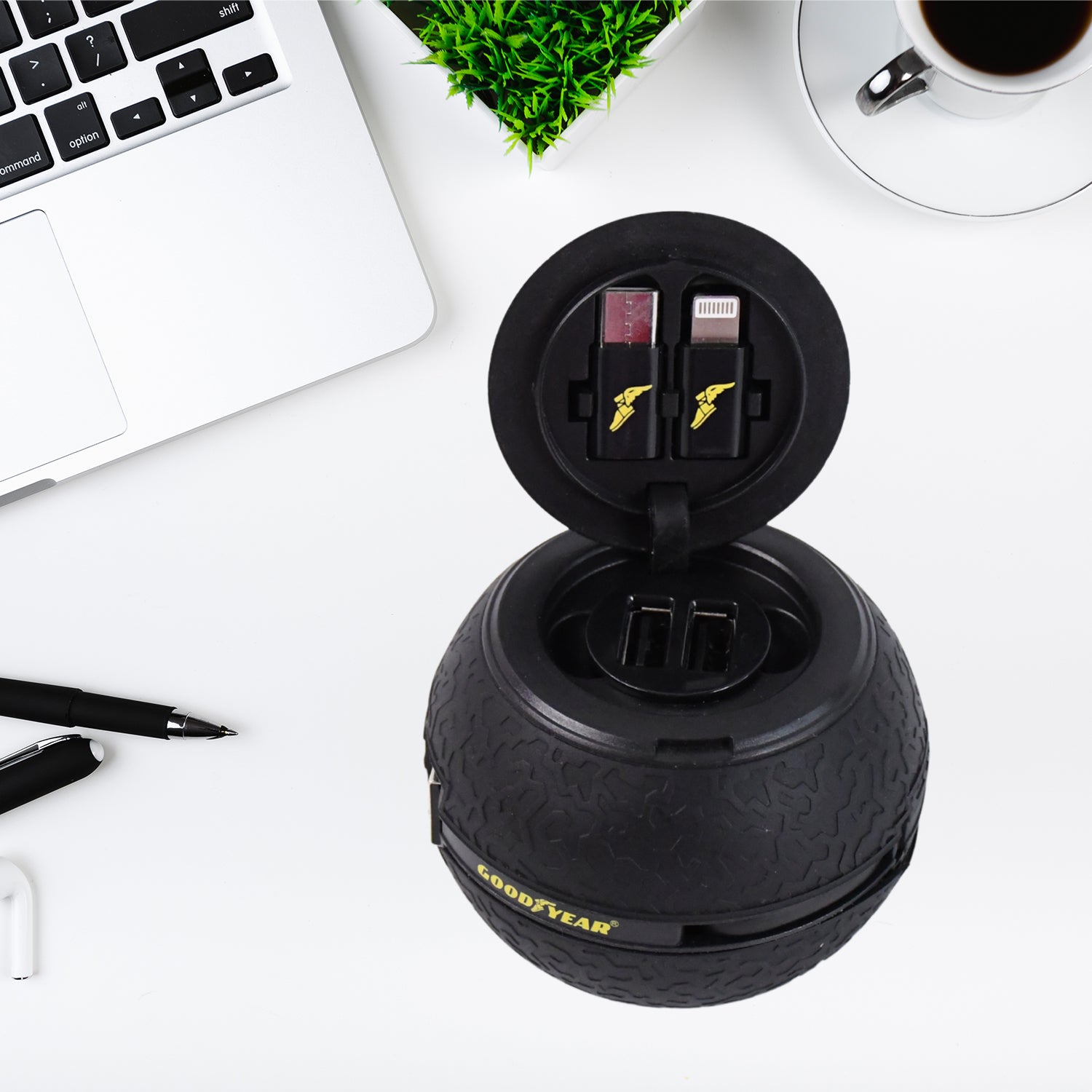 Goodyear multi-tip car charger with dual USB ports for charging devices on the go