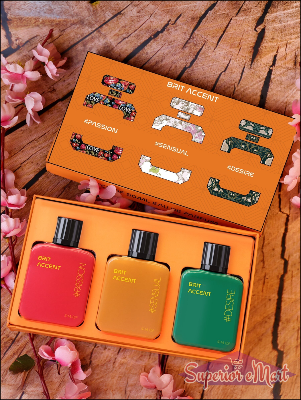 Premium women's fragrance gift set featuring Brit Accent scents in passion, sensual, and desire bottles