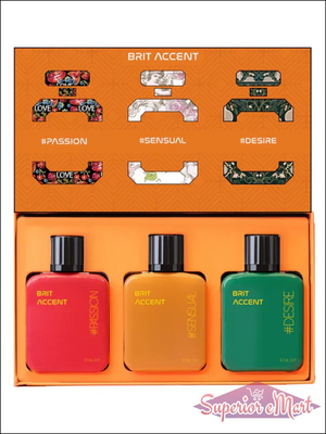 Premium women's fragrance gift set featuring three vibrant scents in stylish bottles