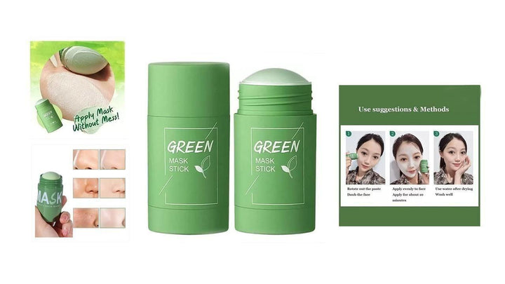 Superior eMart green tea clay mask stick in green packaging with application steps and skin results