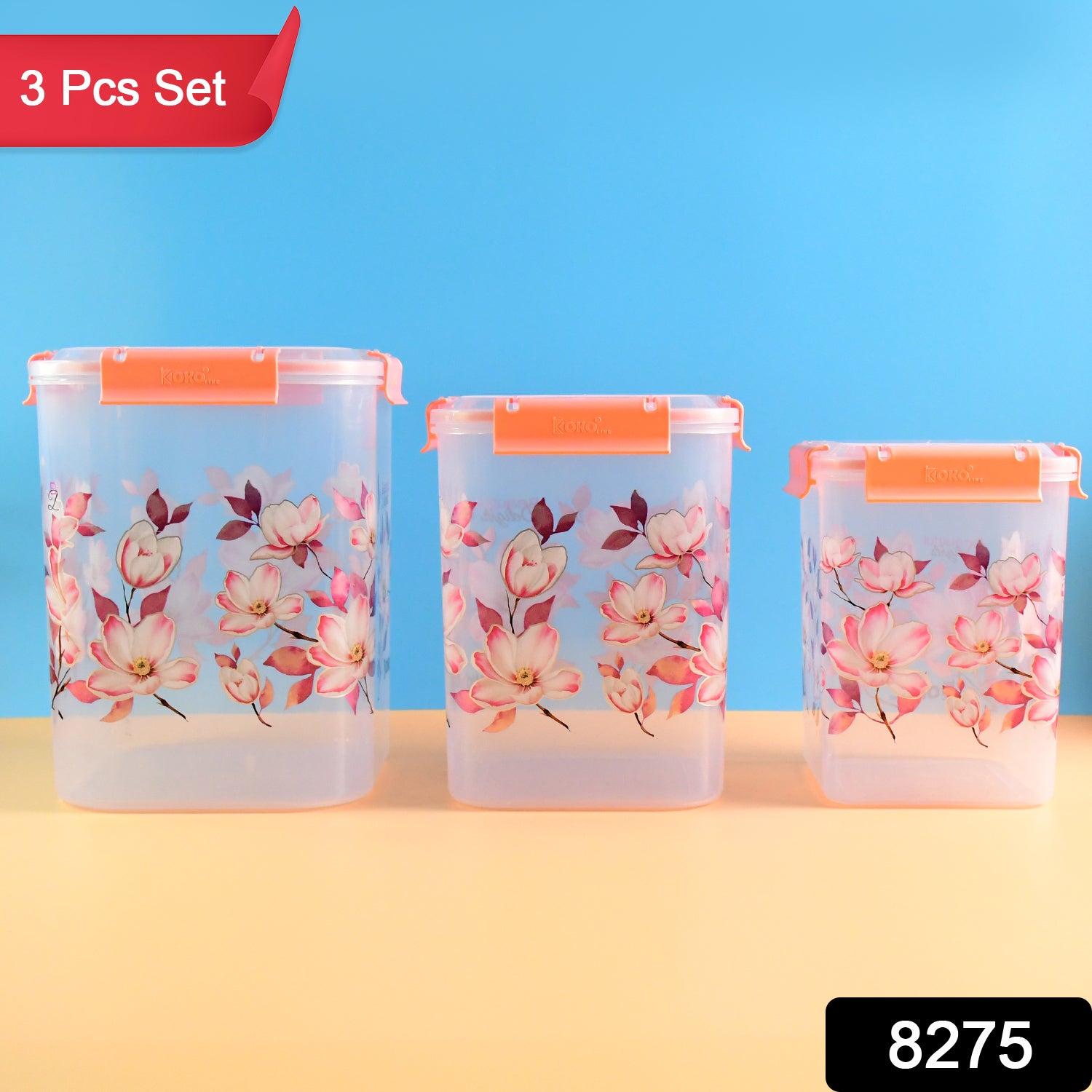 Superior eMart 3-piece set of floral airtight storage containers with pink flower design and orange lids