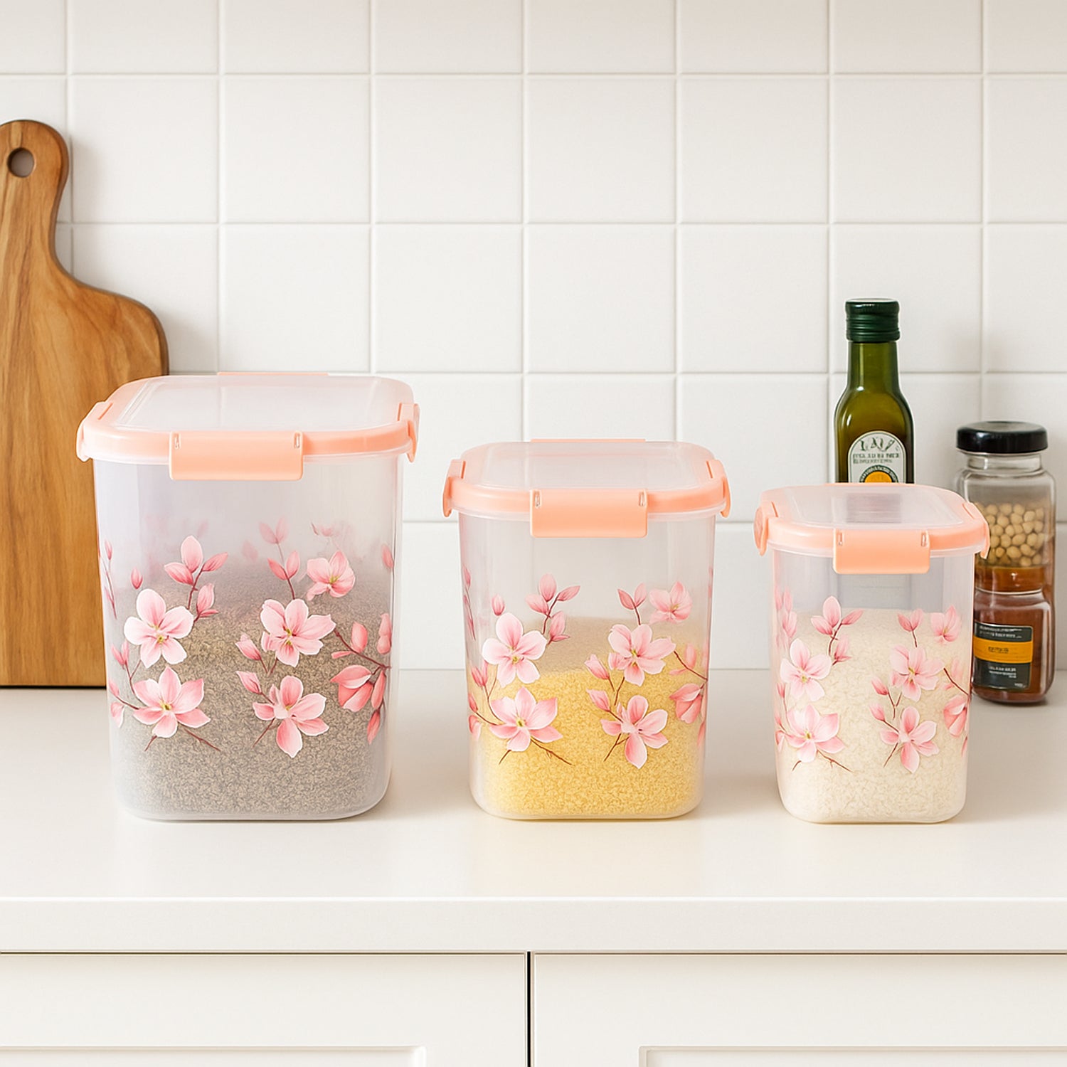 Set of Superior eMart floral airtight storage containers with pink flower design for kitchen organization
