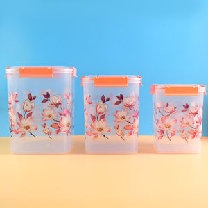 Superior eMart floral airtight storage containers set with pink flower design and orange lids for kitchen organization