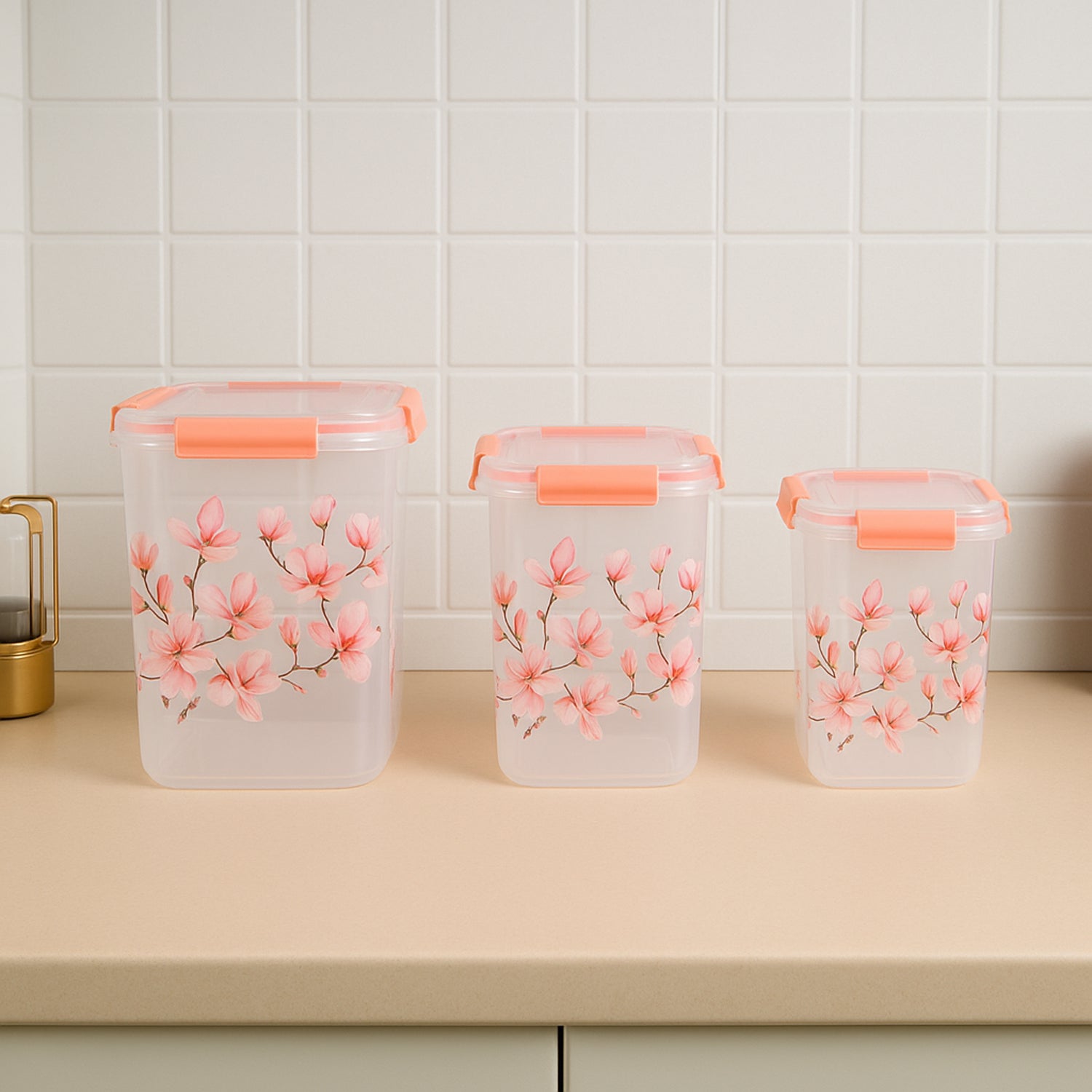 Superior eMart floral airtight storage containers in three sizes with pink flower designs and orange lids