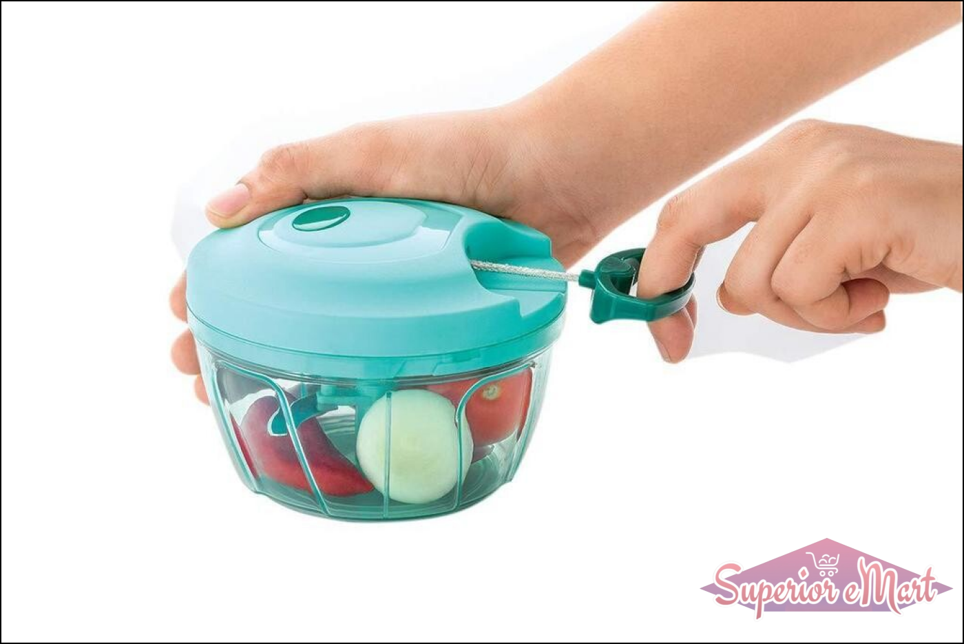 Handheld vegetable chopper in use with colorful vegetables, perfect for quick meal prep