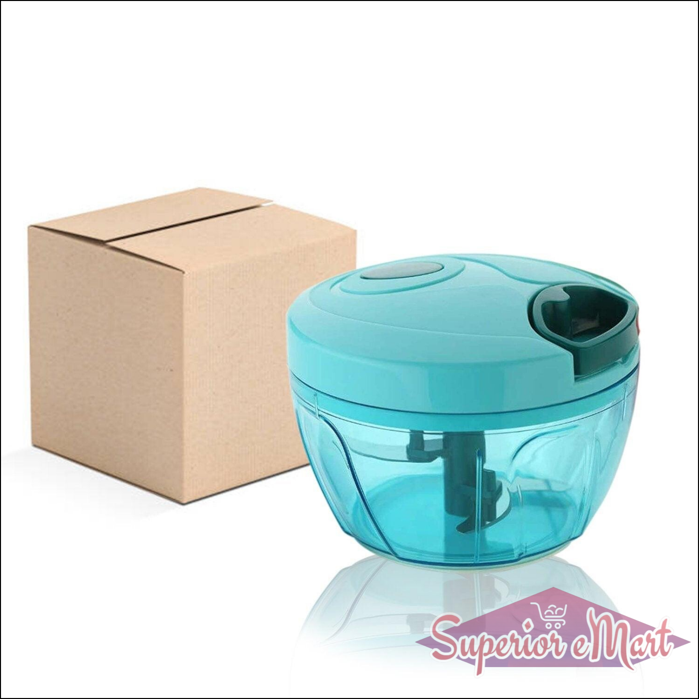 Handheld vegetable chopper in blue with clear bowl and included packaging for easy food prep