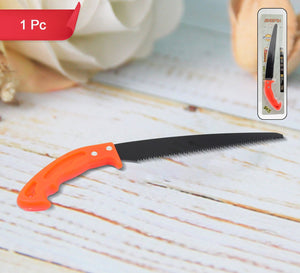 Hand pruning saw for tree with ergonomic orange handle and serrated blade for efficient cutting