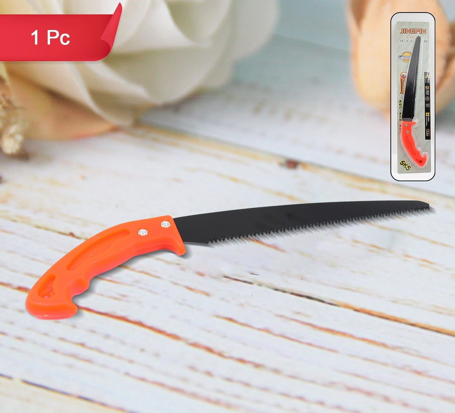 Hand pruning saw for tree with ergonomic orange handle and serrated blade for efficient cutting