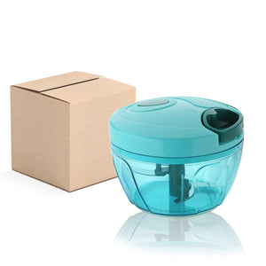 Handheld vegetable chopper in blue with clear bowl and included packaging for easy food prep