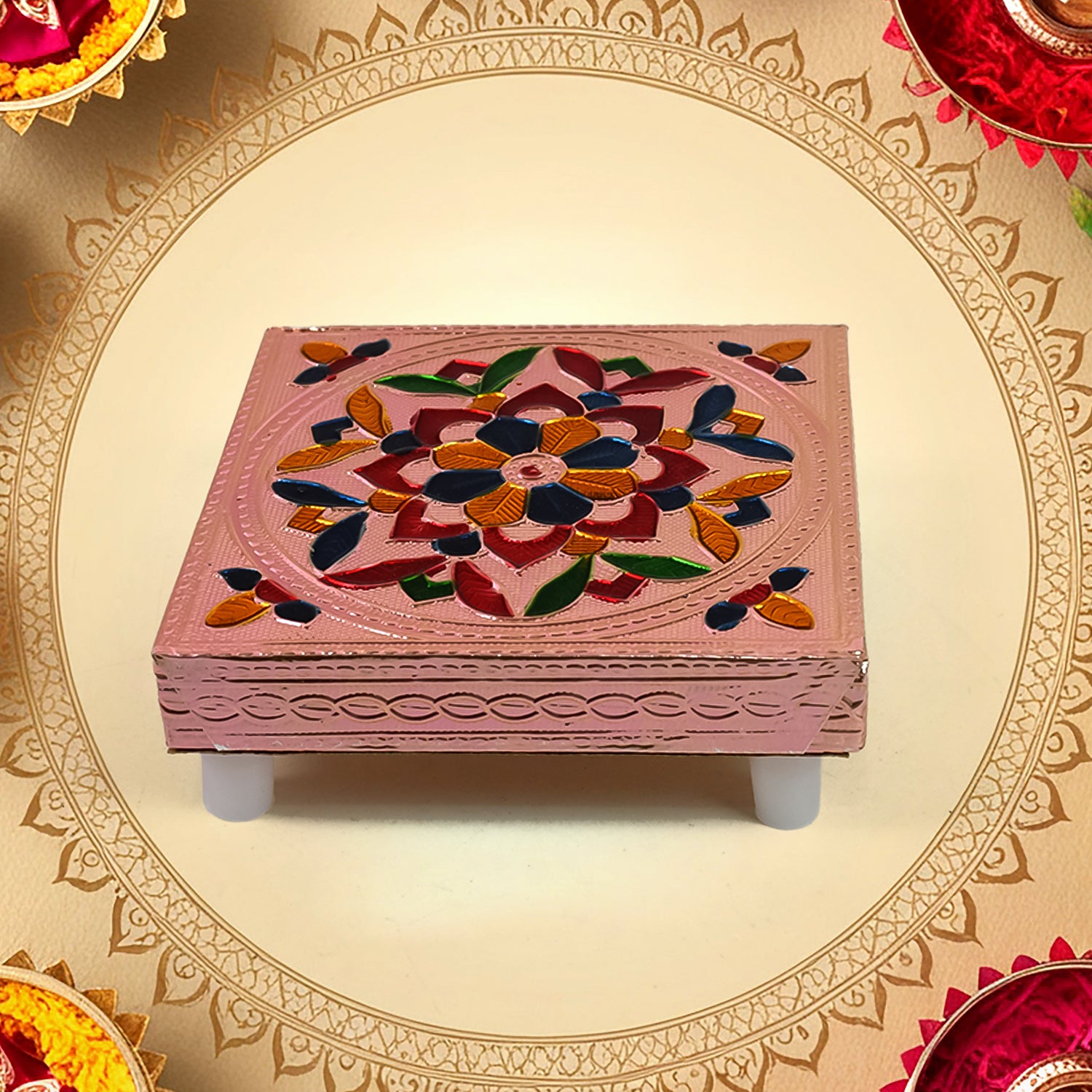 Handicraft puja table in pink with intricate floral design, perfect for home decor and spiritual rituals
