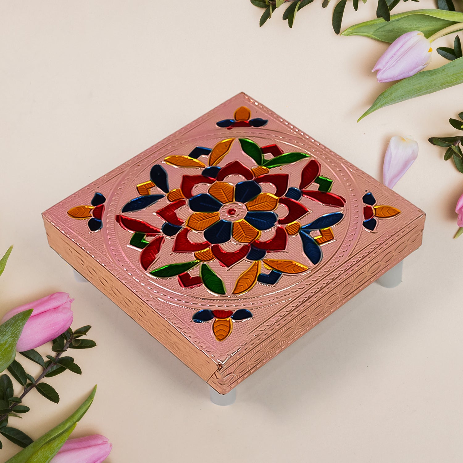 Handicraft puja table with colorful floral design and intricate detailing for home decor