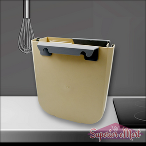 Hanging trash can for kitchen cabinet in cream color with a sleek design, ideal for space-saving