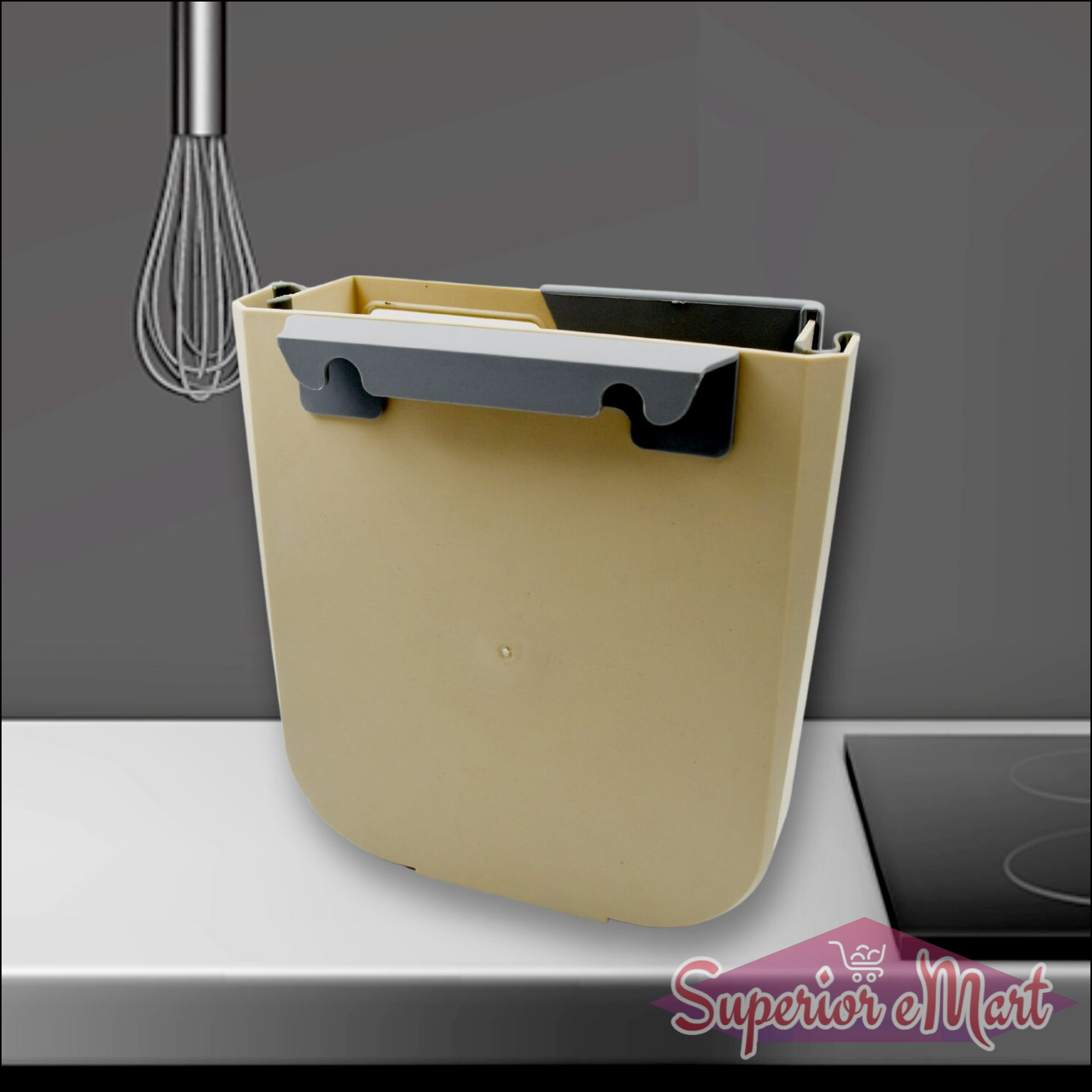 Hanging trash can for kitchen cabinet in cream color with a sleek design, ideal for space-saving