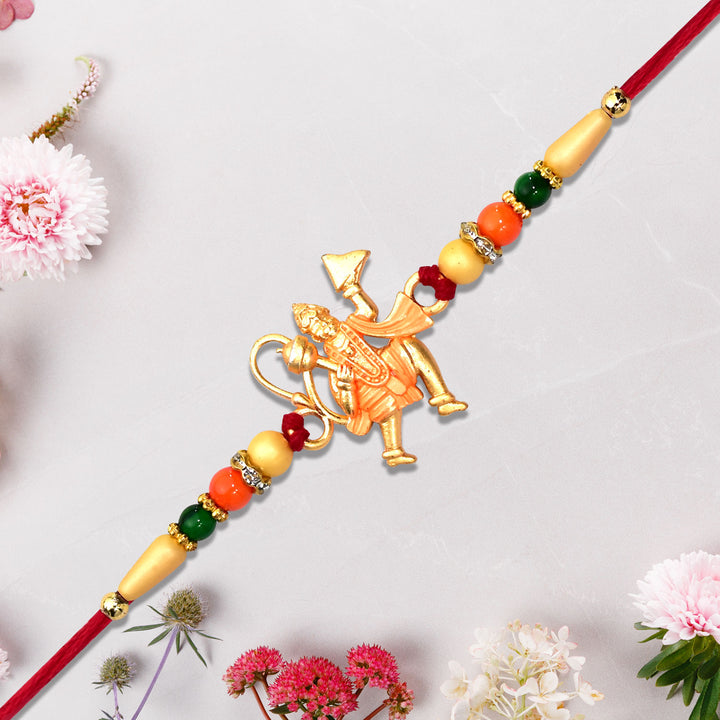 Hanumaan Ji Holding Dronagiri Mountain Rakhi with colorful beads and golden charm on red thread