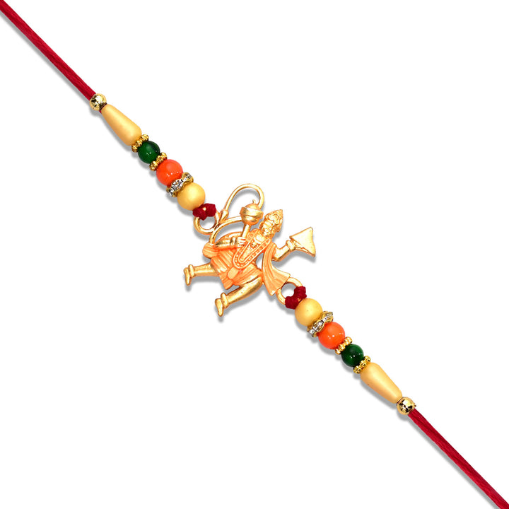 Hanumaan Ji Holding Dronagiri Mountain Rakhi with colorful beads on red thread from Superior eMart
