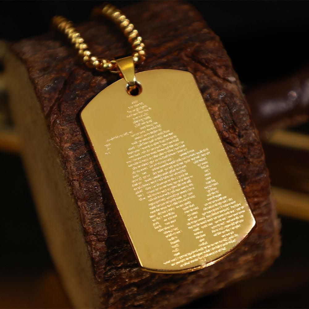 Elegant gold Hanuman Chalisha pendant with engraved design showcasing detailed script