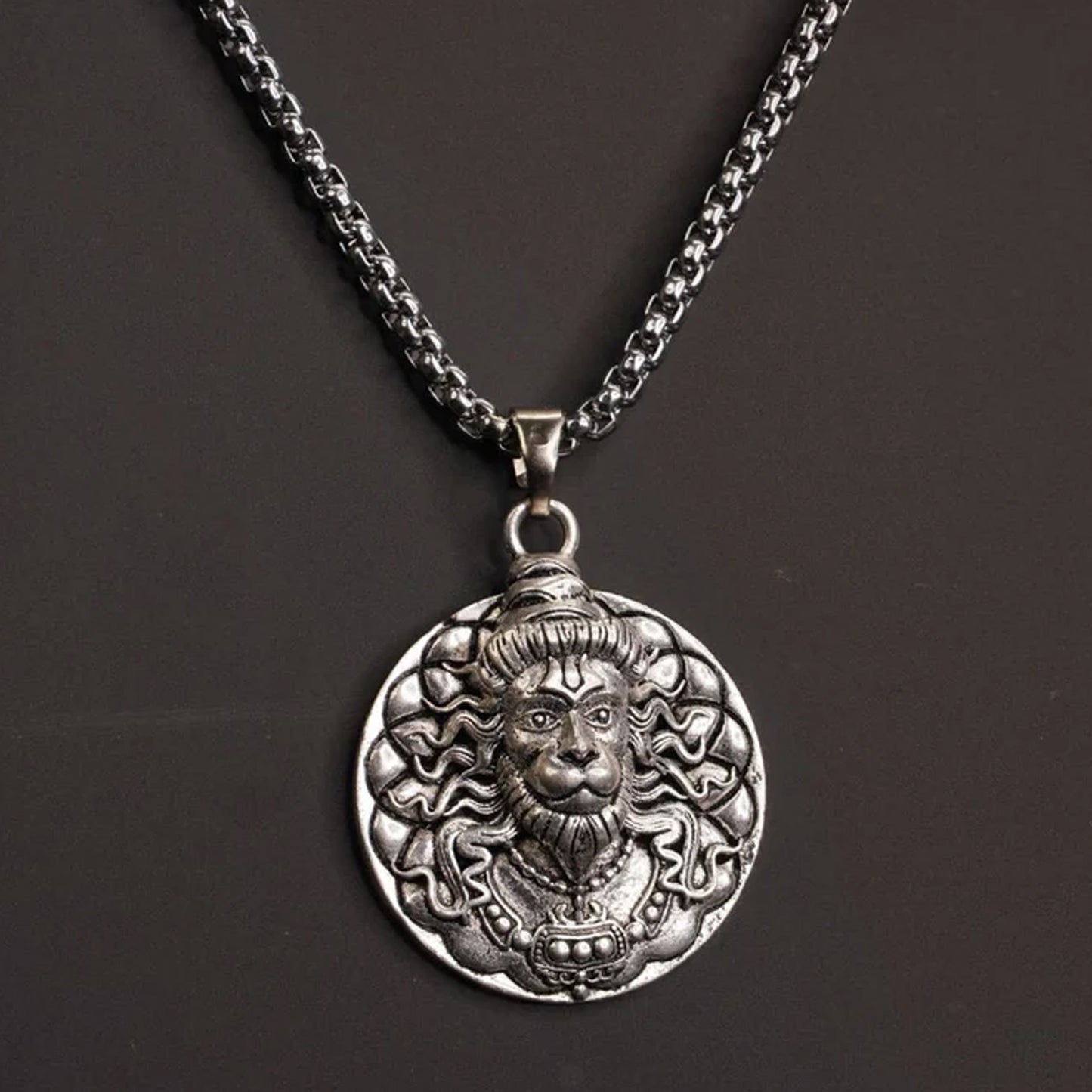 Hanuman facelocket necklace in silver with intricate lion design and durable chain for stylish wear