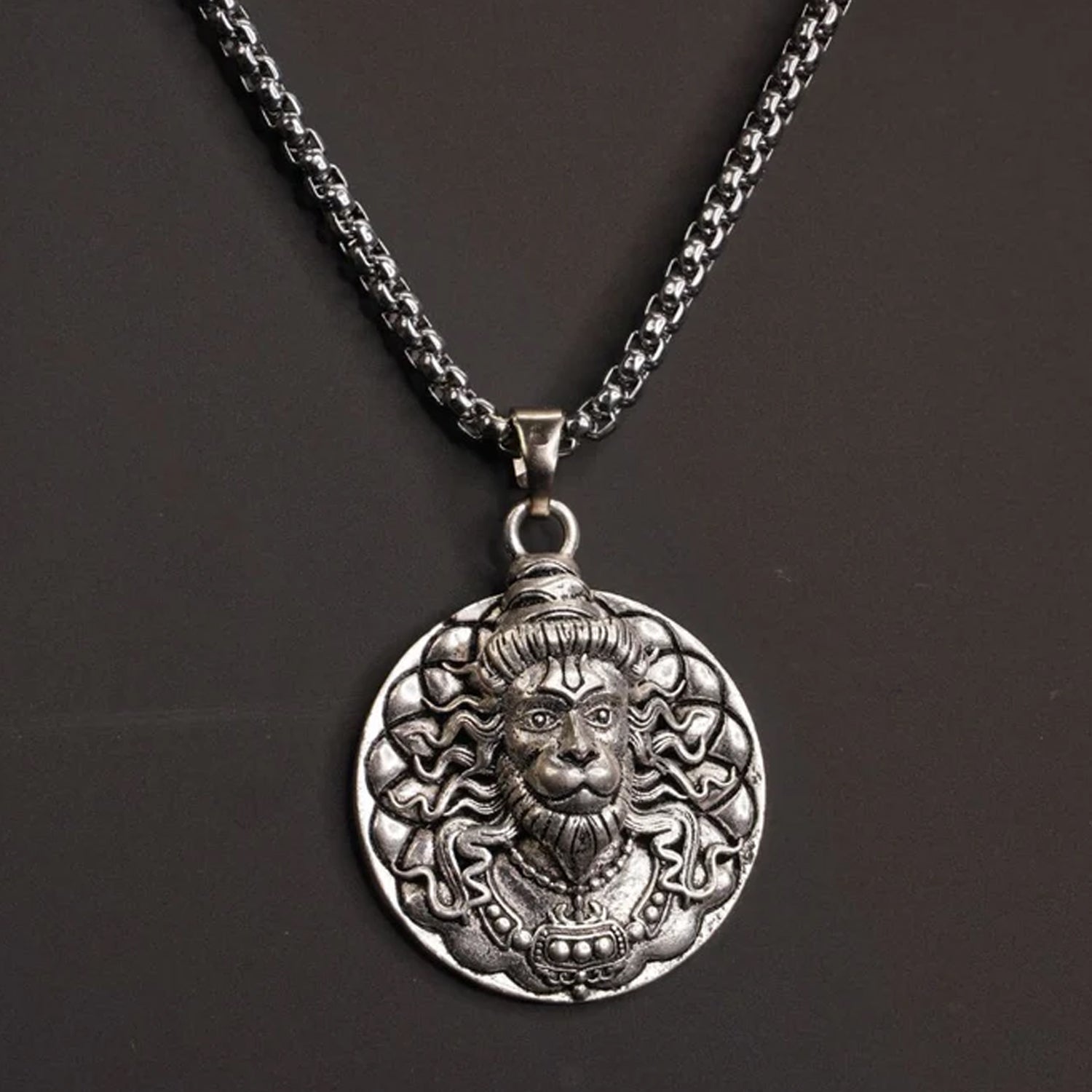 Hanuman facelocket necklace in silver with intricate lion design and durable chain for stylish wear
