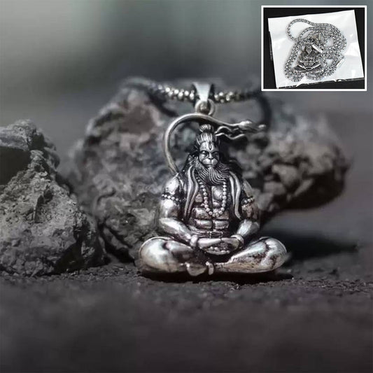 Hanuman Ji pendant necklace featuring intricate design on a silver chain with detailed craftsmanship