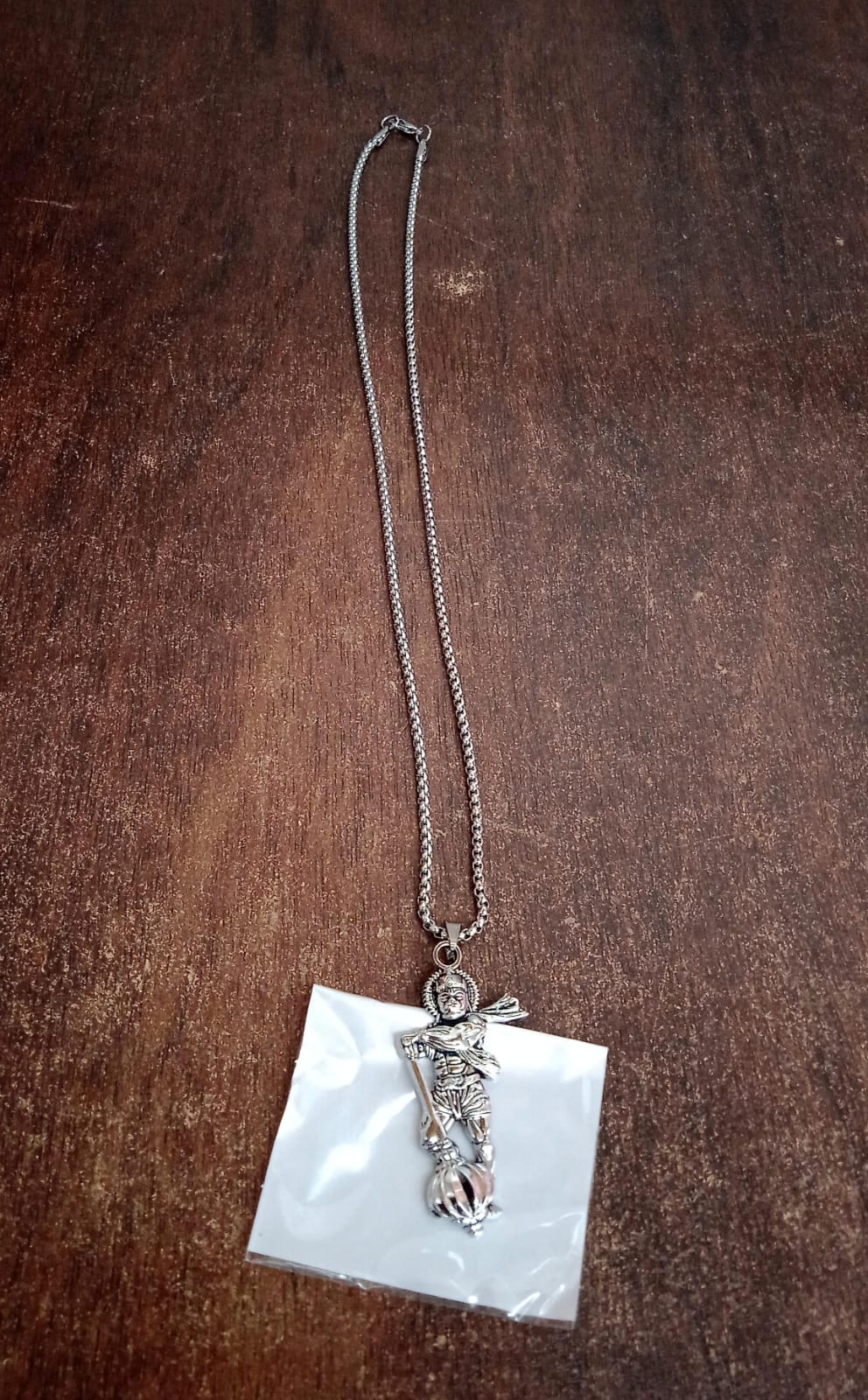 Silver Necklace featuring Hanuman ji pendant with gada on a simple chain