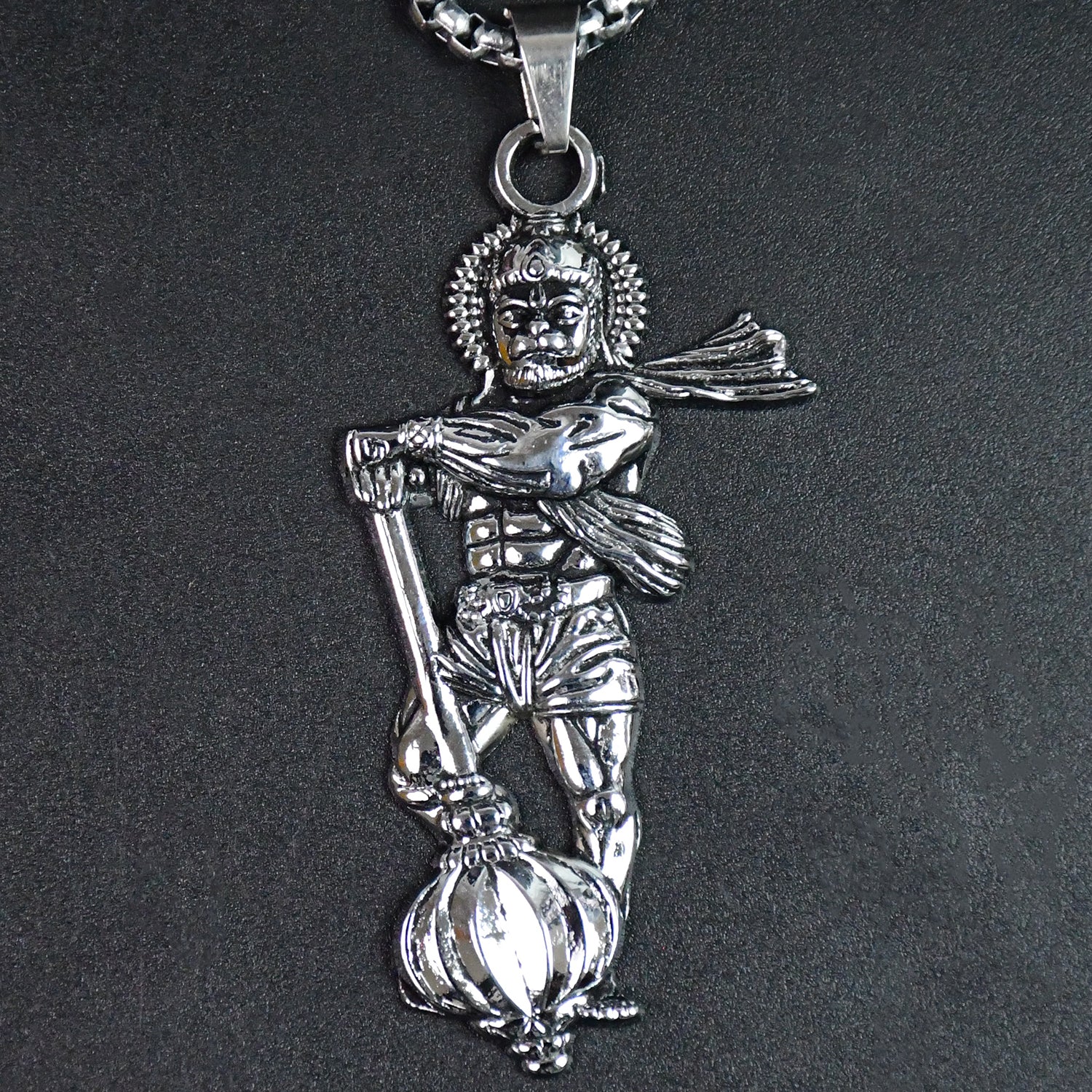 Hanuman ji pendant with gada in silver finish, showcasing detailed craftsmanship and design