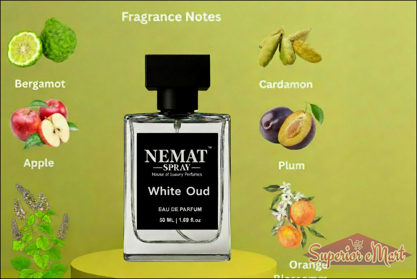 Nemat White Oud 50ml perfume bottle with black label and notes of bergamot, apple, cardamom, plum, and orange blossom.