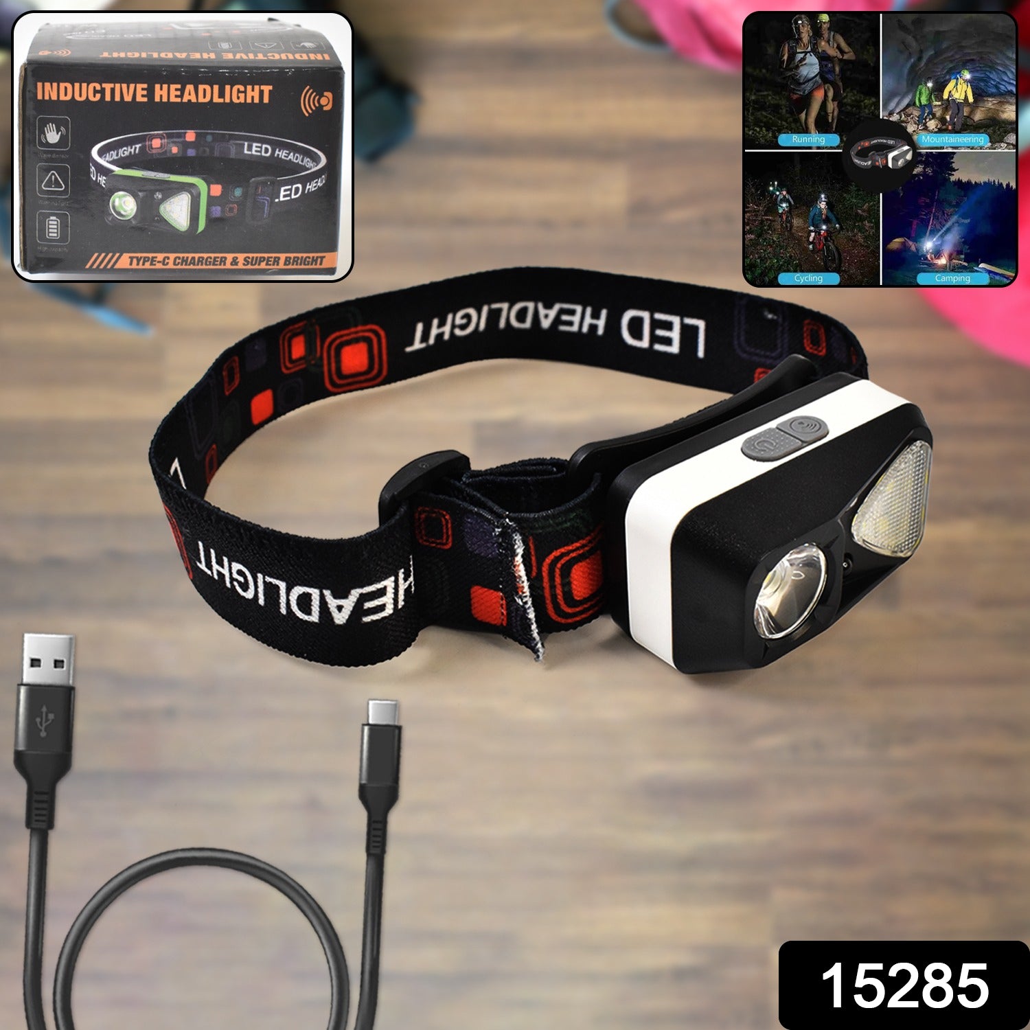 Superior eMart Head-mounted Flashlight with USB charging and adjustable straps for hands-free use