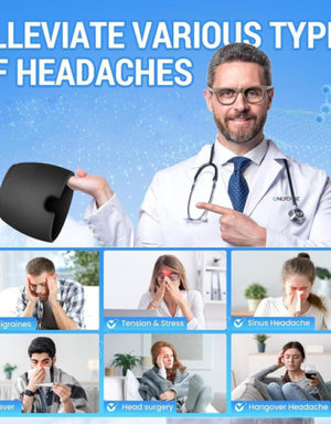 Superior eMart headache relief hat shown with doctor and various headache types including migraines and sinus headache