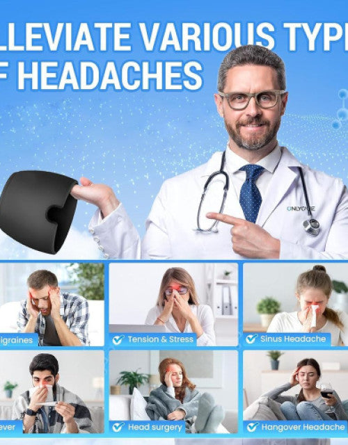 Superior eMart headache relief hat shown with doctor and various headache types including migraines and sinus headache
