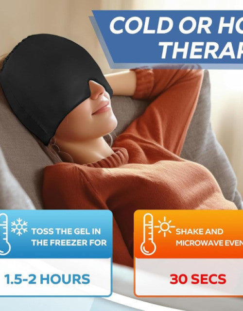 Superior eMart headache relief hat worn by woman lying on couch providing cold or hot therapy