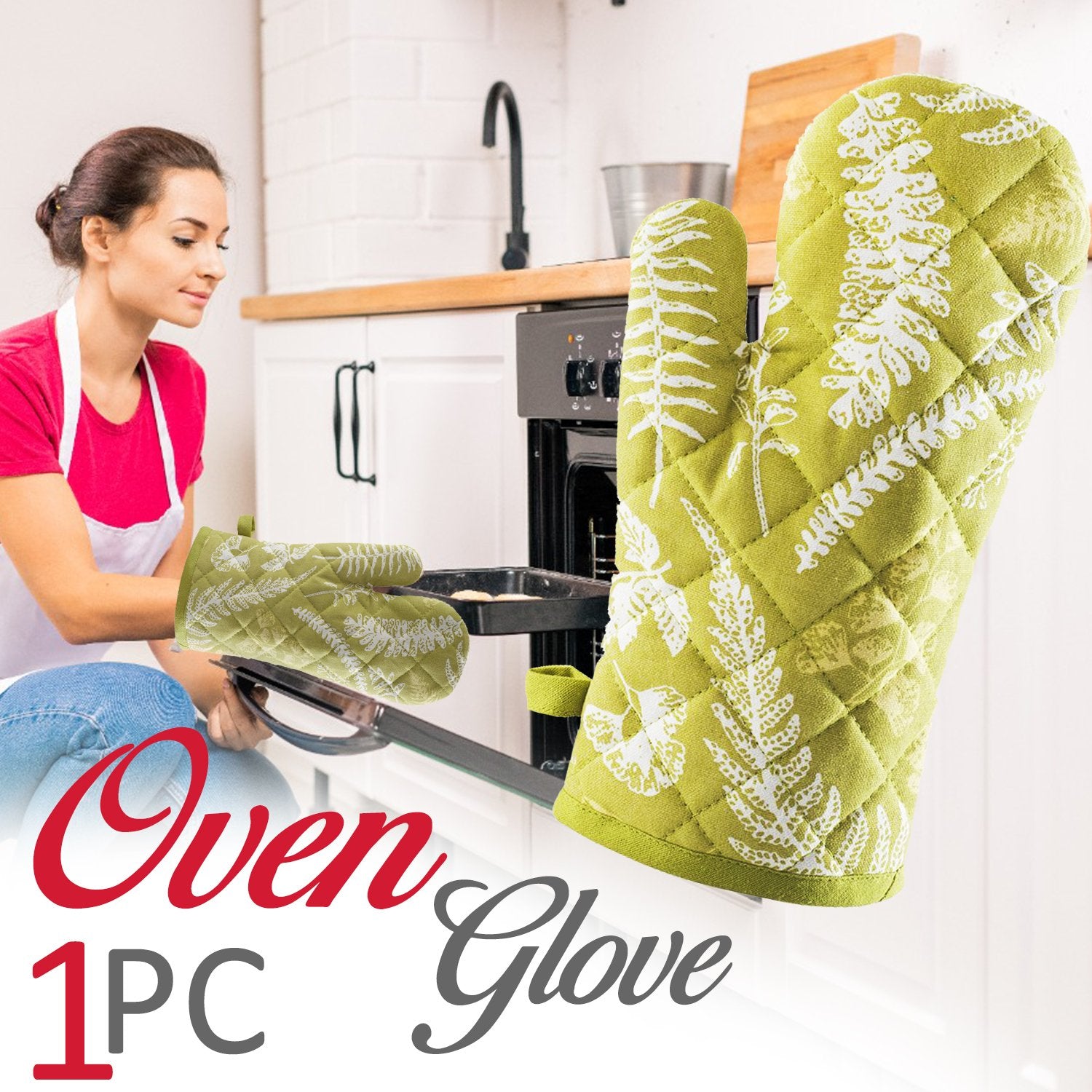 Green heat proof oven glove with decorative fern patterns for safe cooking and baking
