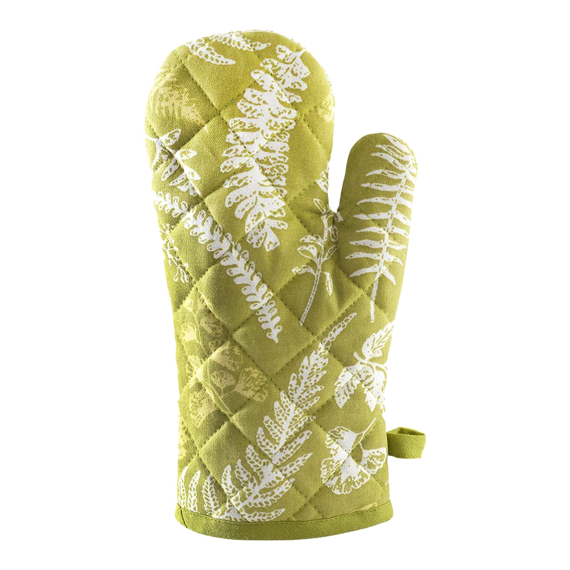 Green heat proof oven glove with white fern pattern for kitchen use and protection