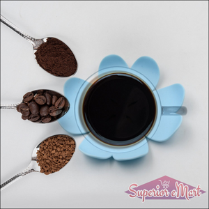 Blue floral heat resistant coasters set with coffee grains and a cup of black coffee