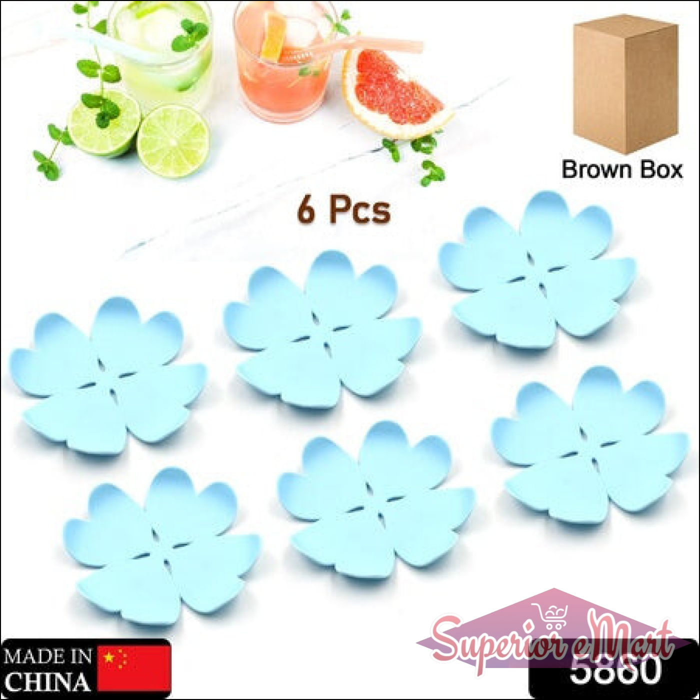 Set of 6 heat resistant coasters set in blue flower shape, perfect for protecting surfaces from hot drinks