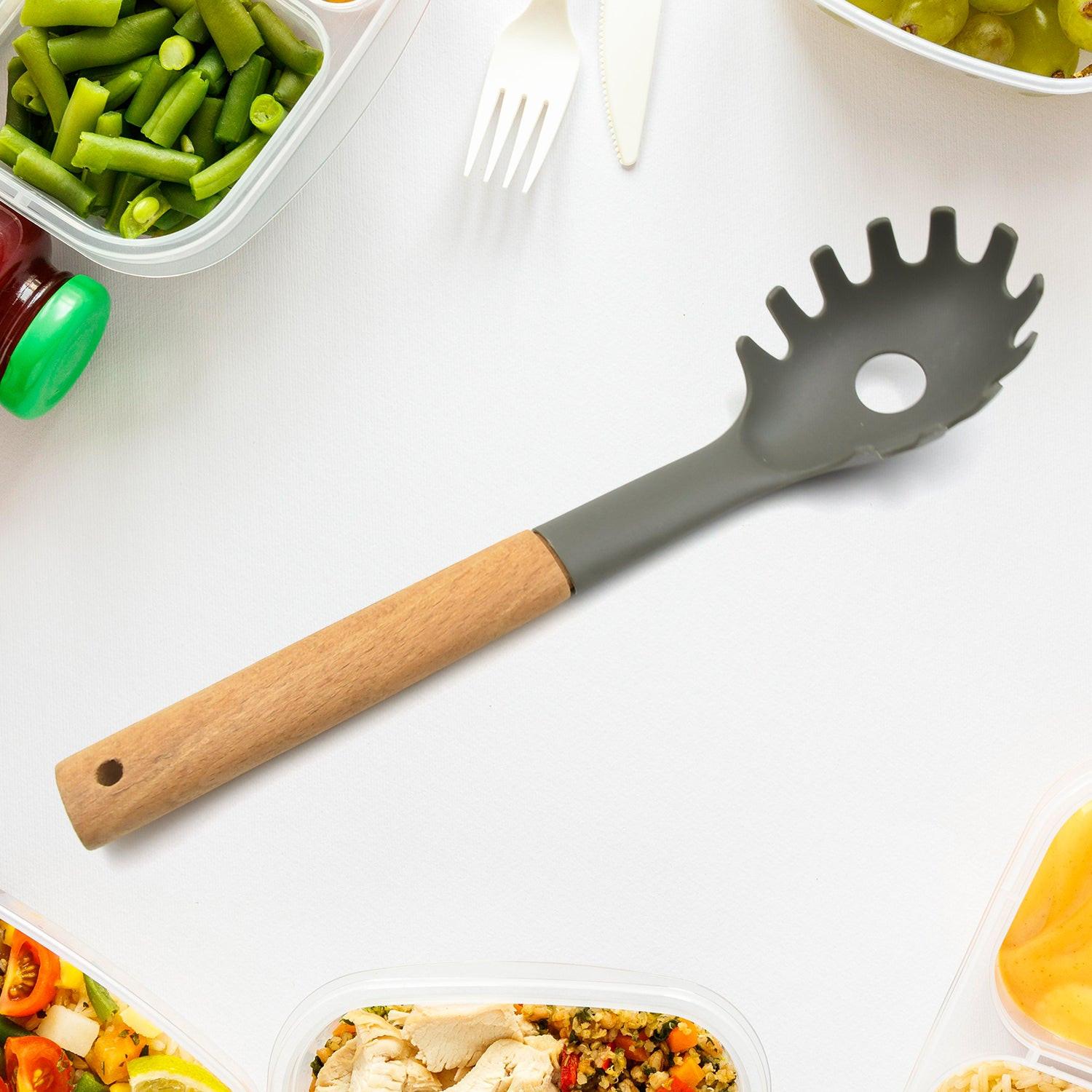 Heat resistant non stick cooking spoon with a wooden handle for easy food preparation