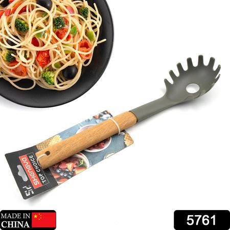 Heat resistant non stick cooking spoon with a wooden handle for easy pasta serving