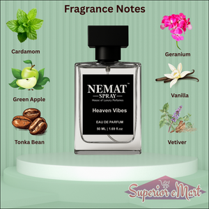 Nemat Heaven Vibes perfume bottle with notes of cardamom, apple, tonka bean, geranium, vanilla, and vetiver.