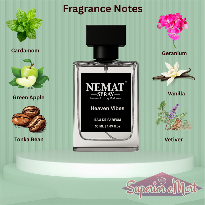 Nemat Heaven Vibes perfume bottle with notes of cardamom, apple, tonka bean, geranium, vanilla, and vetiver.